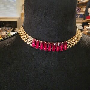 Thick Gold Watch Band Chain & Red Baguette Crystal Choker Necklace